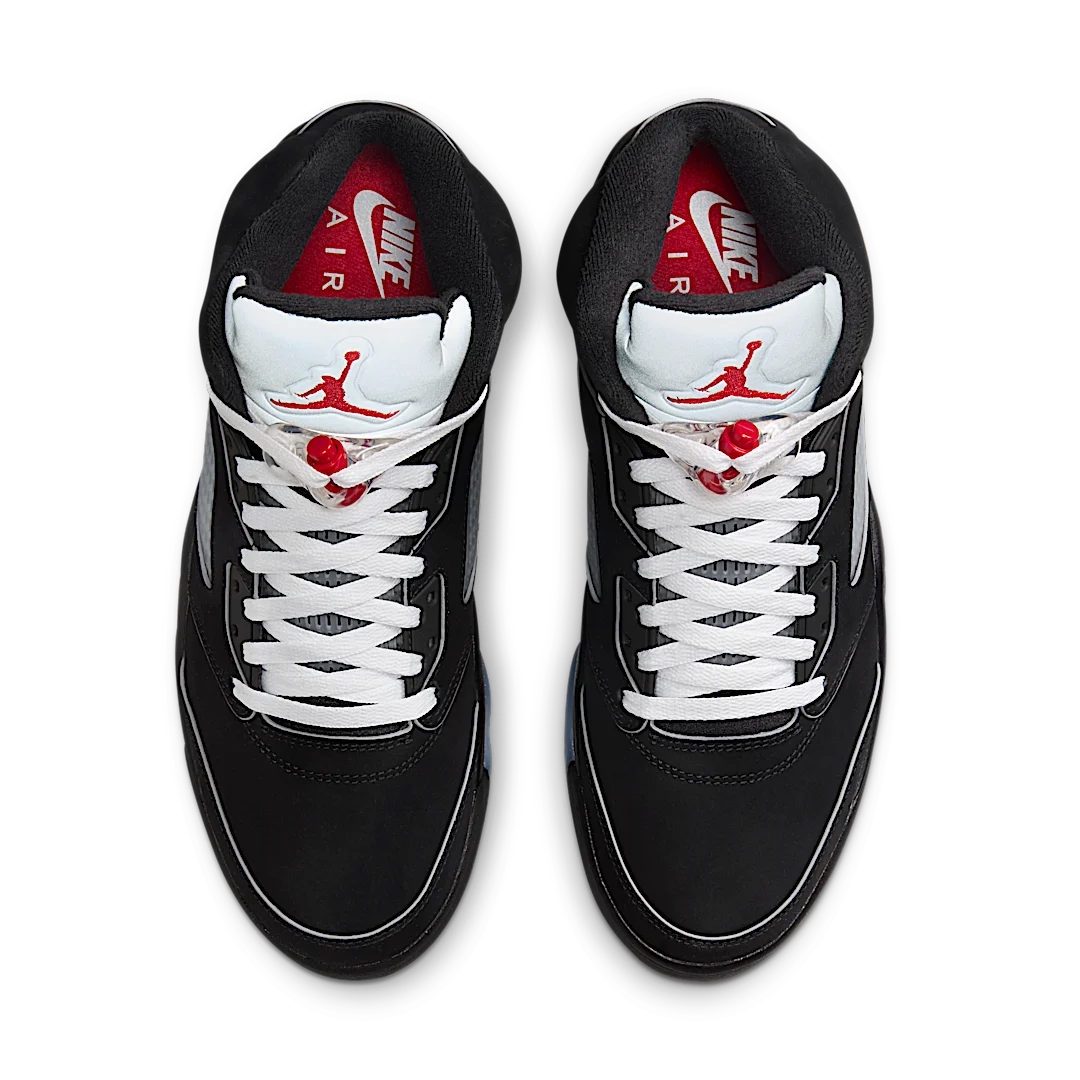 Air Jordan 5 Retro OG Black Metallic Reimagined, Black/White-Metallic Silver-Fire Red (HF3975-001 / HF3976-001)