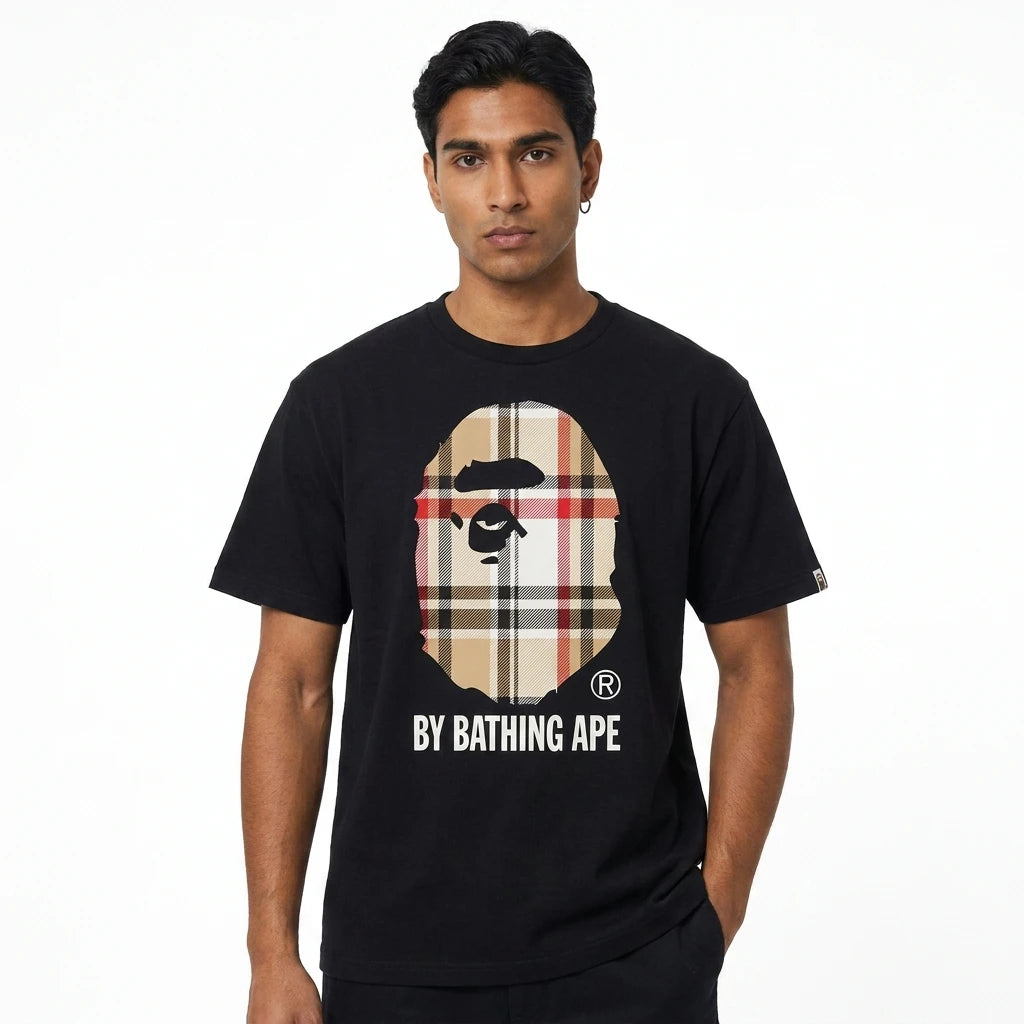 BAPE A Bathing Ape Check T-Shirt Black Beige