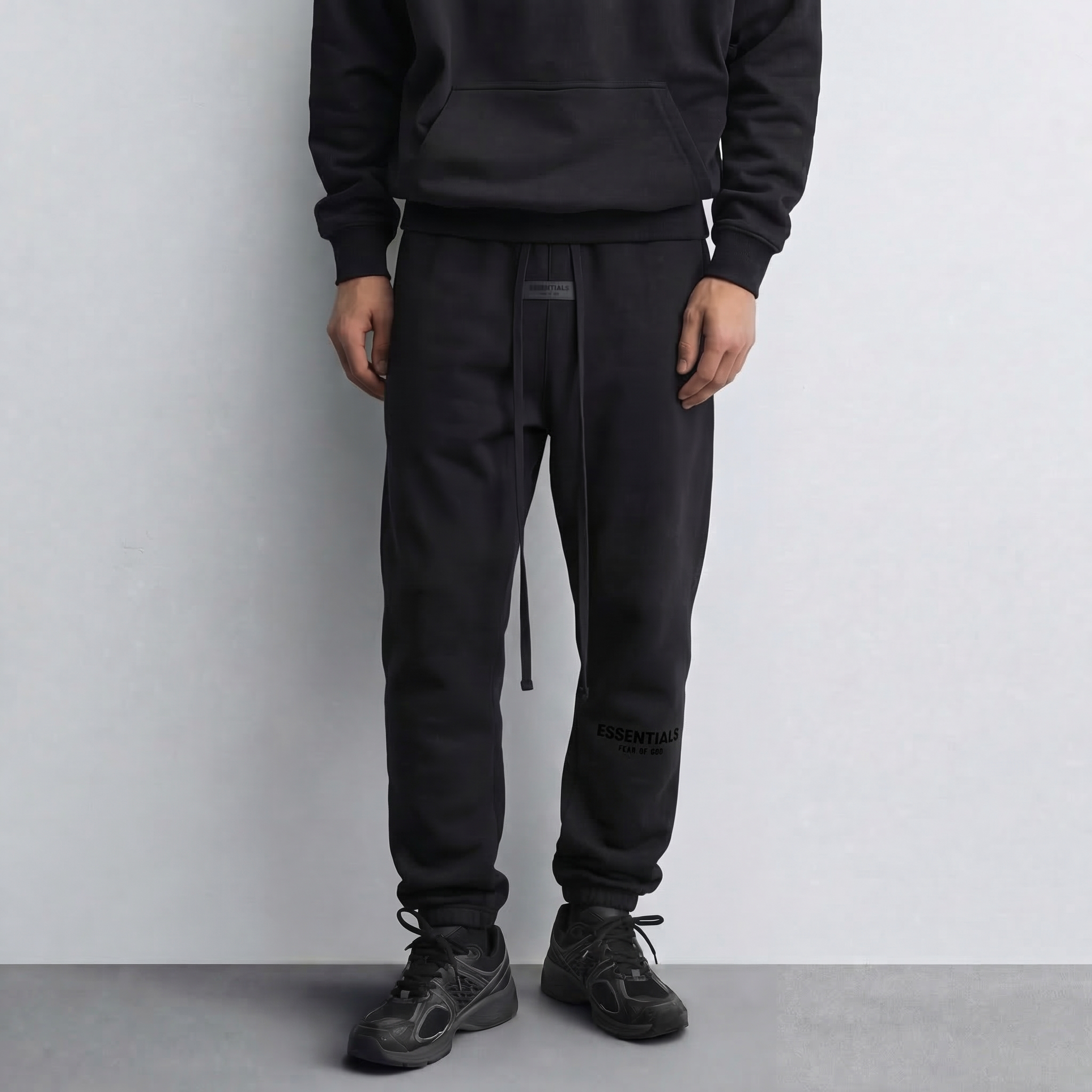 Model wearing essentials stretch limo sweatpants