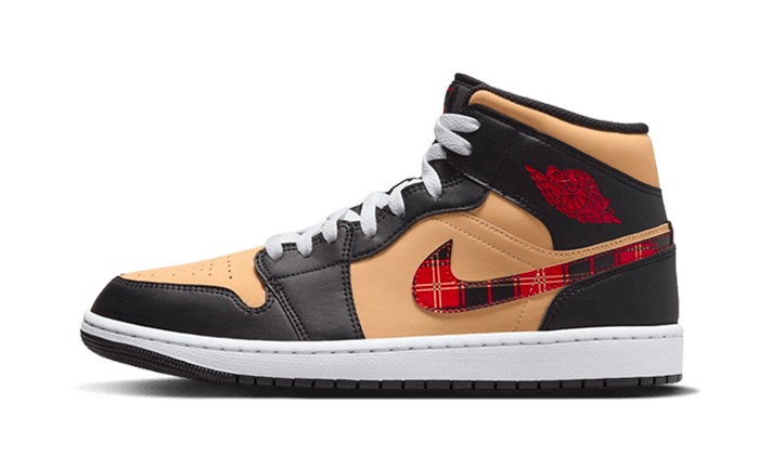 Air Jordan 1 Mid Tartan Swoosh, Black/Multi-Color-Sesame-Fire Red-White (DZ5329-001)