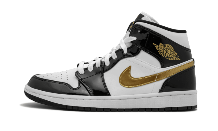 Air Jordan 1 Mid Patent Black White Gold, Black/White-Metallic Gold (852542-007 / BQ6931-007)