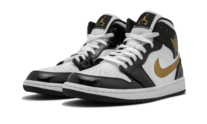 Air Jordan 1 Mid Patent Black White Gold, Black/White-Metallic Gold (852542-007 / BQ6931-007)