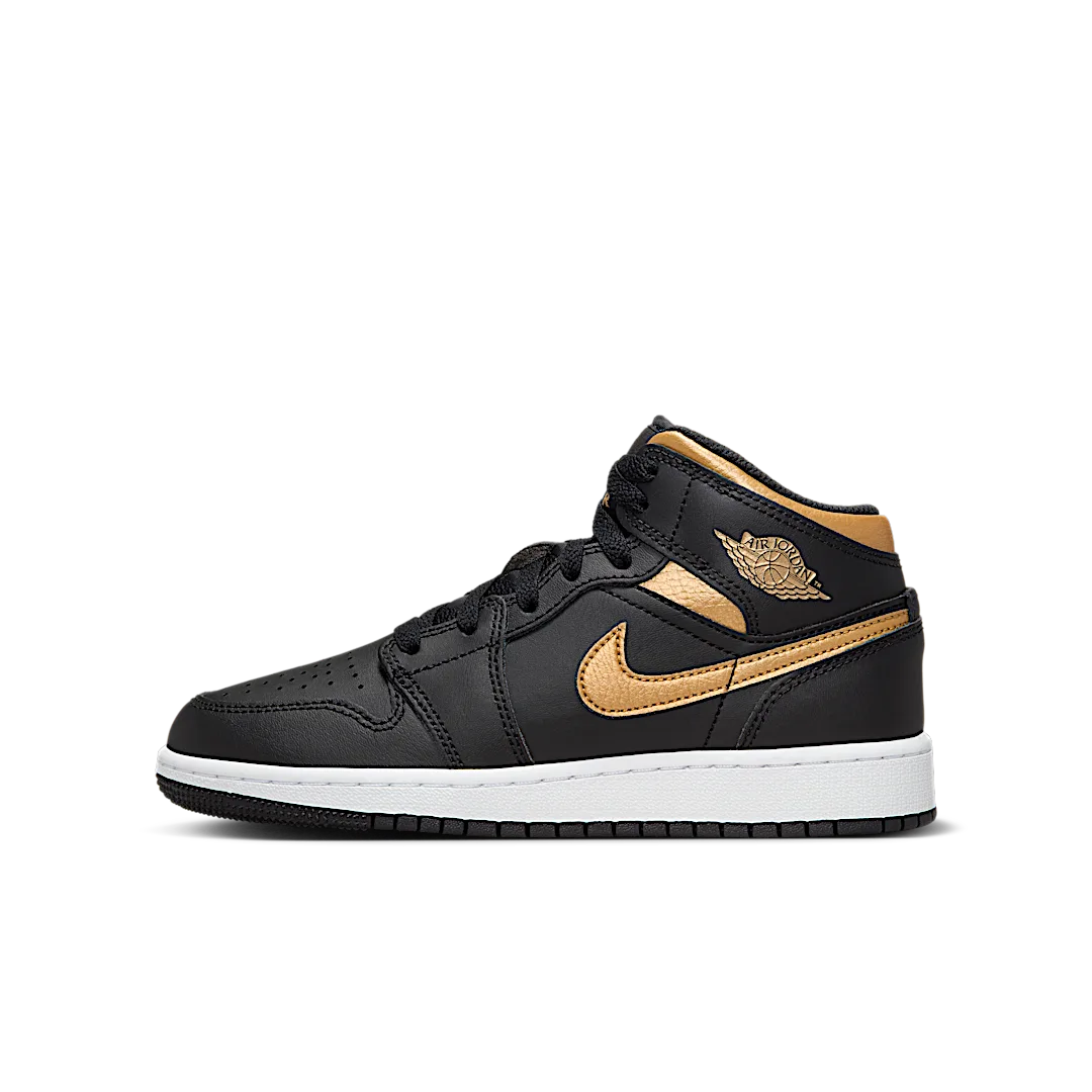 Air Jordan 1 Mid Black Metallic Gold Swoosh, Black/White/Metallic Gold (DQ8423-071)