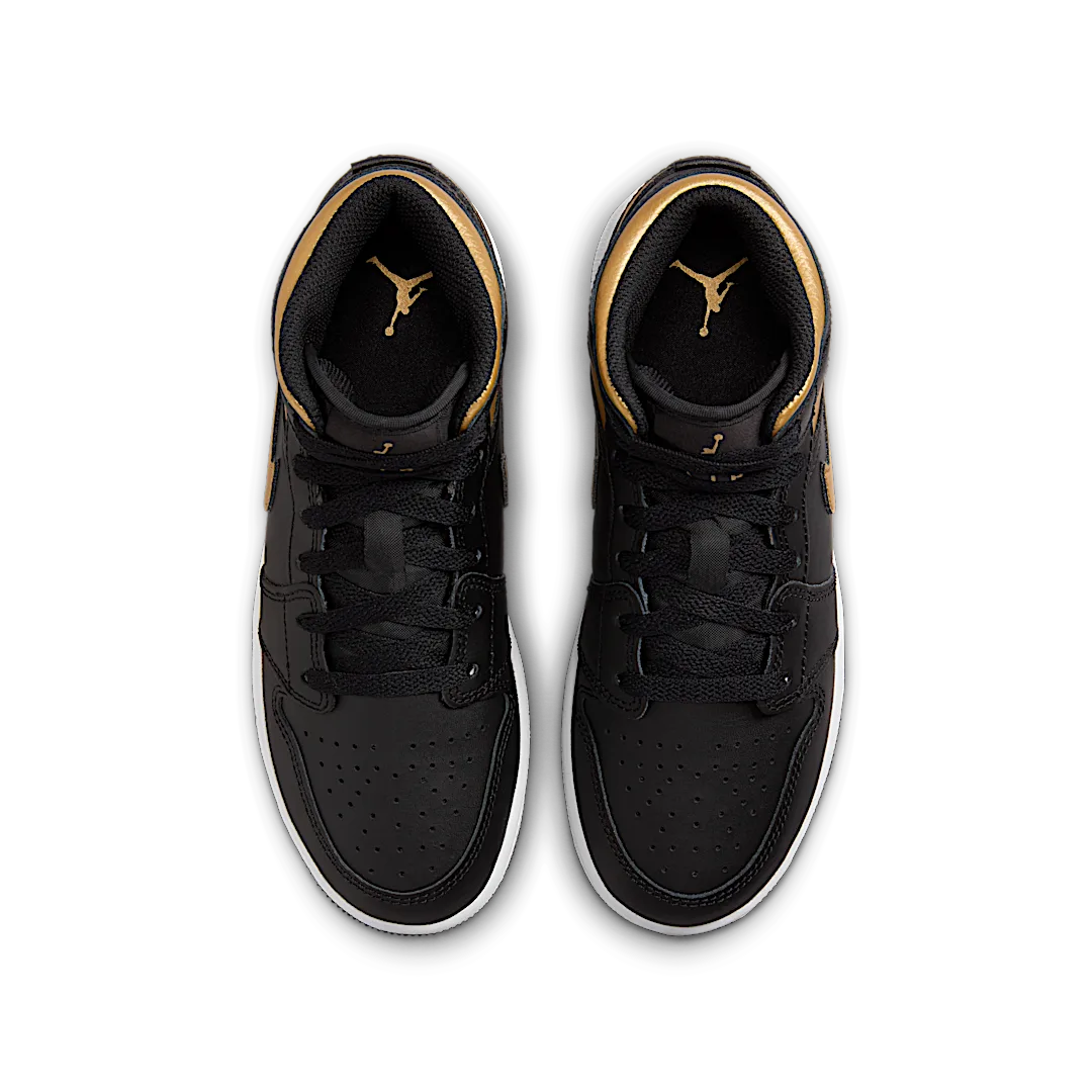 Air Jordan 1 Mid Black Metallic Gold Swoosh, Black/White/Metallic Gold (DQ8423-071)