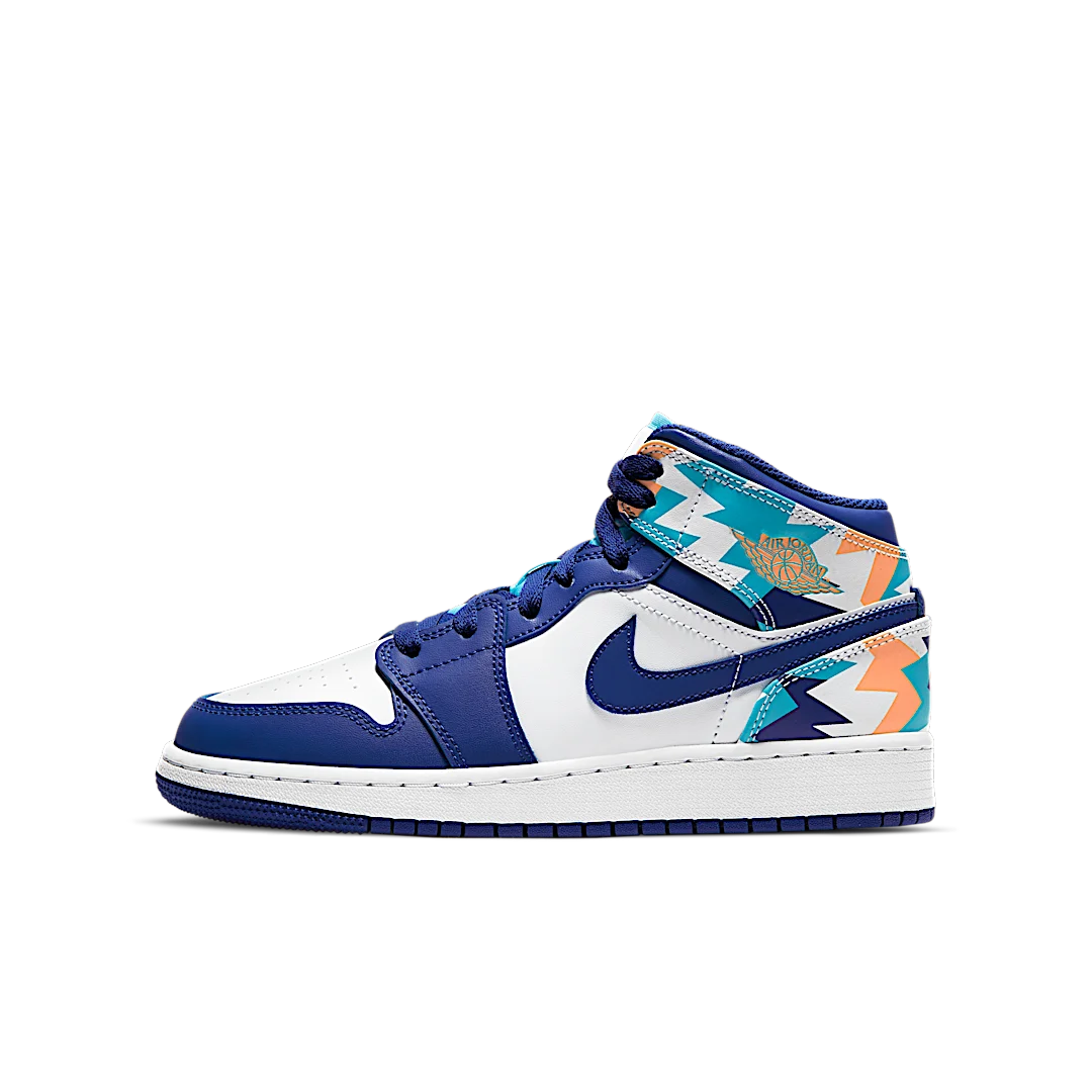 Air Jordan 1 Mid Geometric Print, White/Blue-Multi (555112-105)