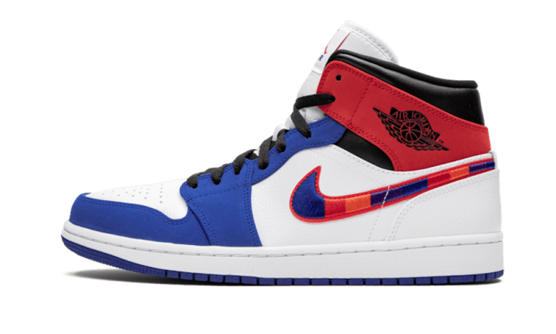 Air Jordan 1 Mid Multi-Color Swoosh, White/Game Royal-Gym Red-Black (852542-146 / BQ6931-146)