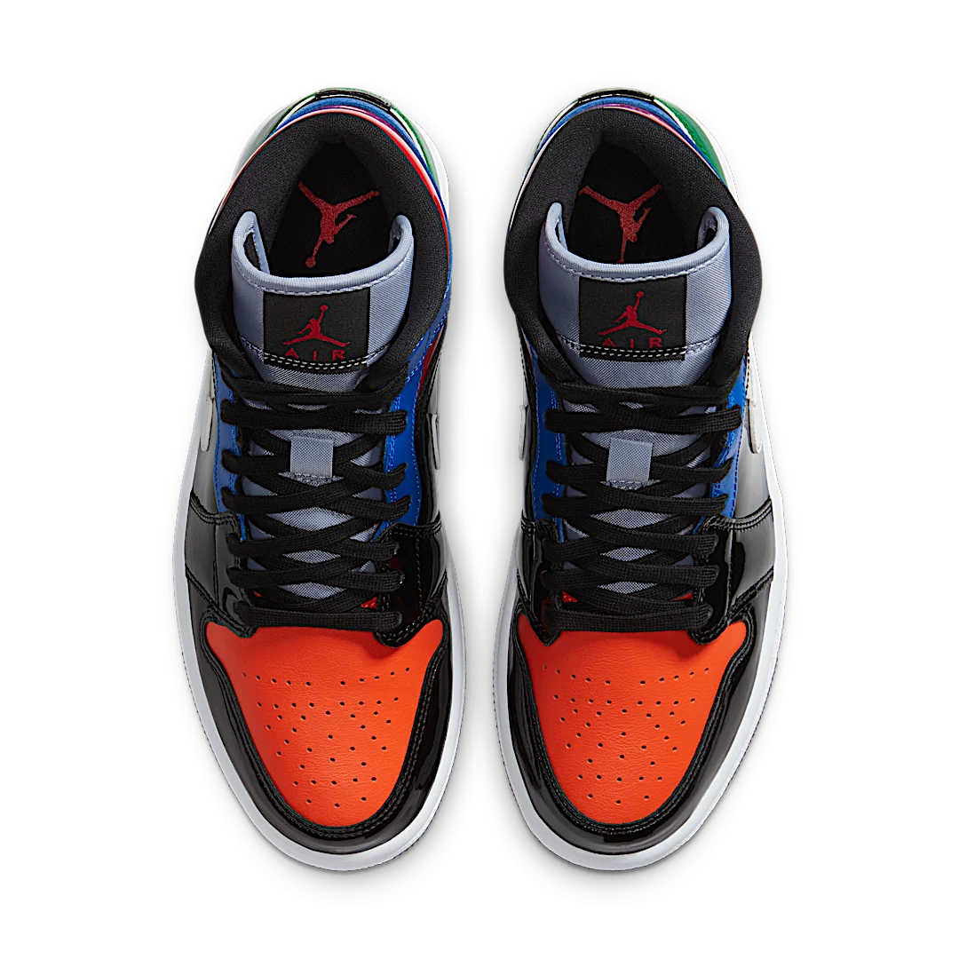 Air Jordan 1 Mid Multi Patent, Black/University Red-Hyper Royal (CV5276-001)