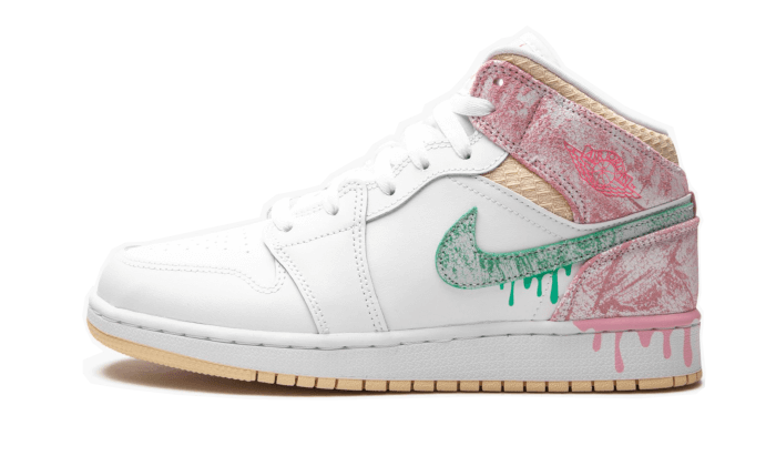 Air Jordan 1 Mid Paint Drip, White/Green Glow-Arctic Punch (DD1666-100)