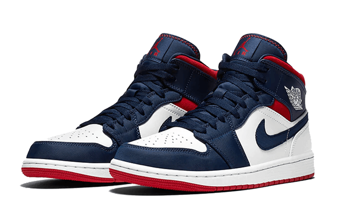 Air Jordan 1 Mid SE USA, White/Varsity Red-Midnight Navy (852542-104 / BQ6931-104)