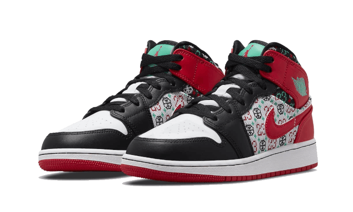 Air Jordan 1 Mid SE Ugly Christmas Sweater, White/University Red/Black/Roma Green (DM1208-150)