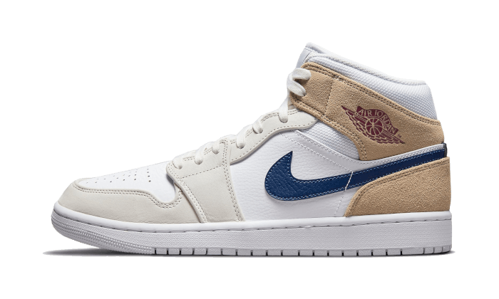 Air Jordan 1 Mid Tan Suede, White/Team Red/Khaki/Blue Void (DO6726-100)