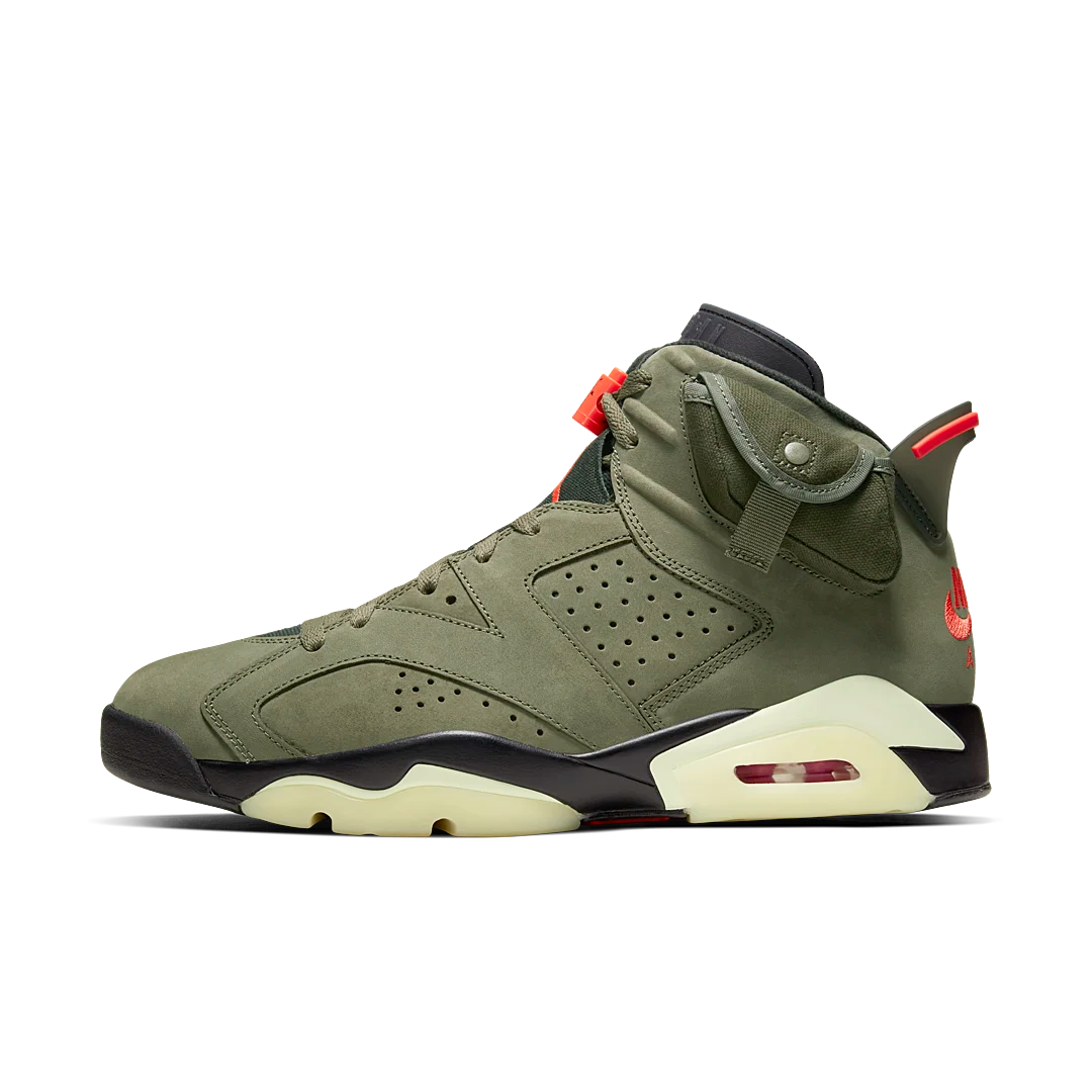 Air Jordan 6 Retro Travis Scott, Medium Olive/Black-Sail-University Red (CN1084-200 / CN1085-200)