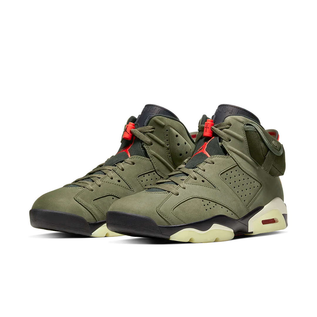 Air Jordan 6 Retro Travis Scott, Medium Olive/Black-Sail-University Red (CN1084-200 / CN1085-200)