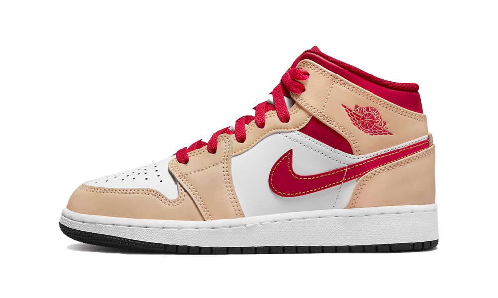 Air Jordan 1 Mid Light Curry Cardinal, White Onyx/White/Cardinal Red/Light Curry (554724-201 / 554725-201)