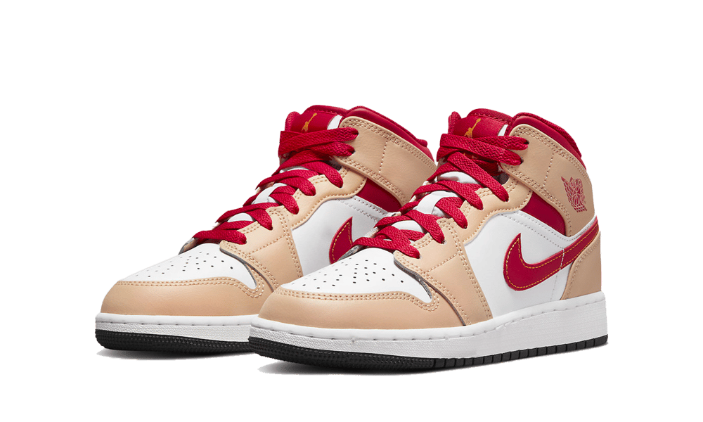 Air Jordan 1 Mid Light Curry Cardinal, White Onyx/White/Cardinal Red/Light Curry (554724-201 / 554725-201)