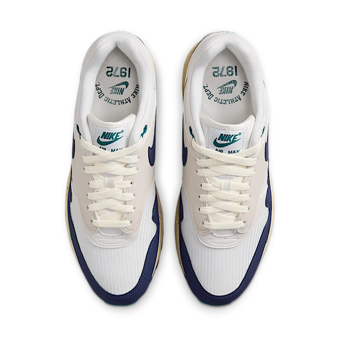 Nike Air Max 1 Athletic Department Deep Royal Blue, White/Fir/Sail/Midnight Navy/Coconut Milk (FQ8048-133)