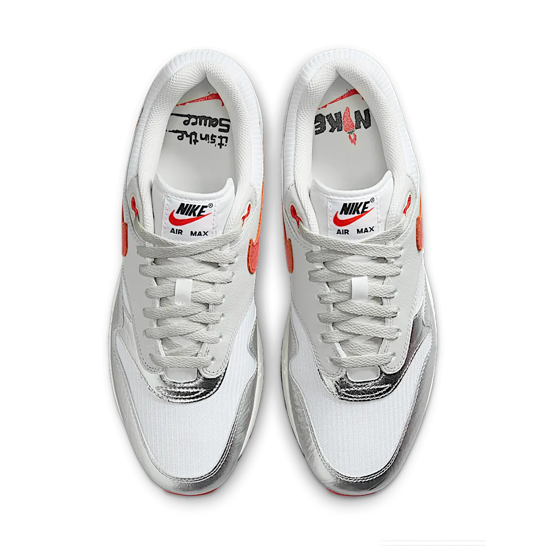 Nike Air Max 1 PRM SE Hot Sauce, White/Chile Red-Metallic Silver-Neutral Grey-Sail-Fir (HF7746-100)