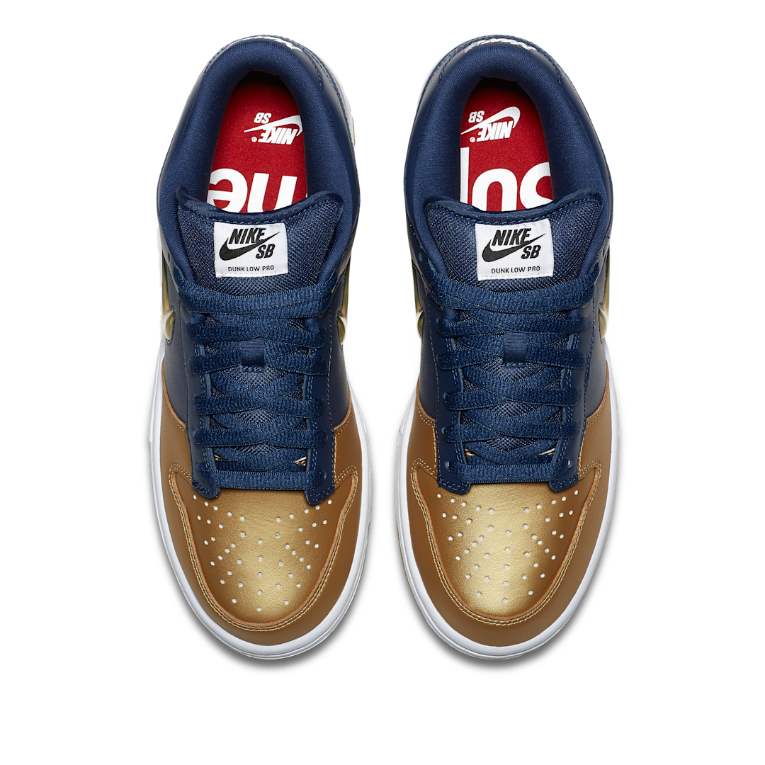 Nike SB Dunk Low Supreme Jewel Swoosh Gold, Metallic Gold/Metallic Gold-Midnight Navy-White (CK3480-700)