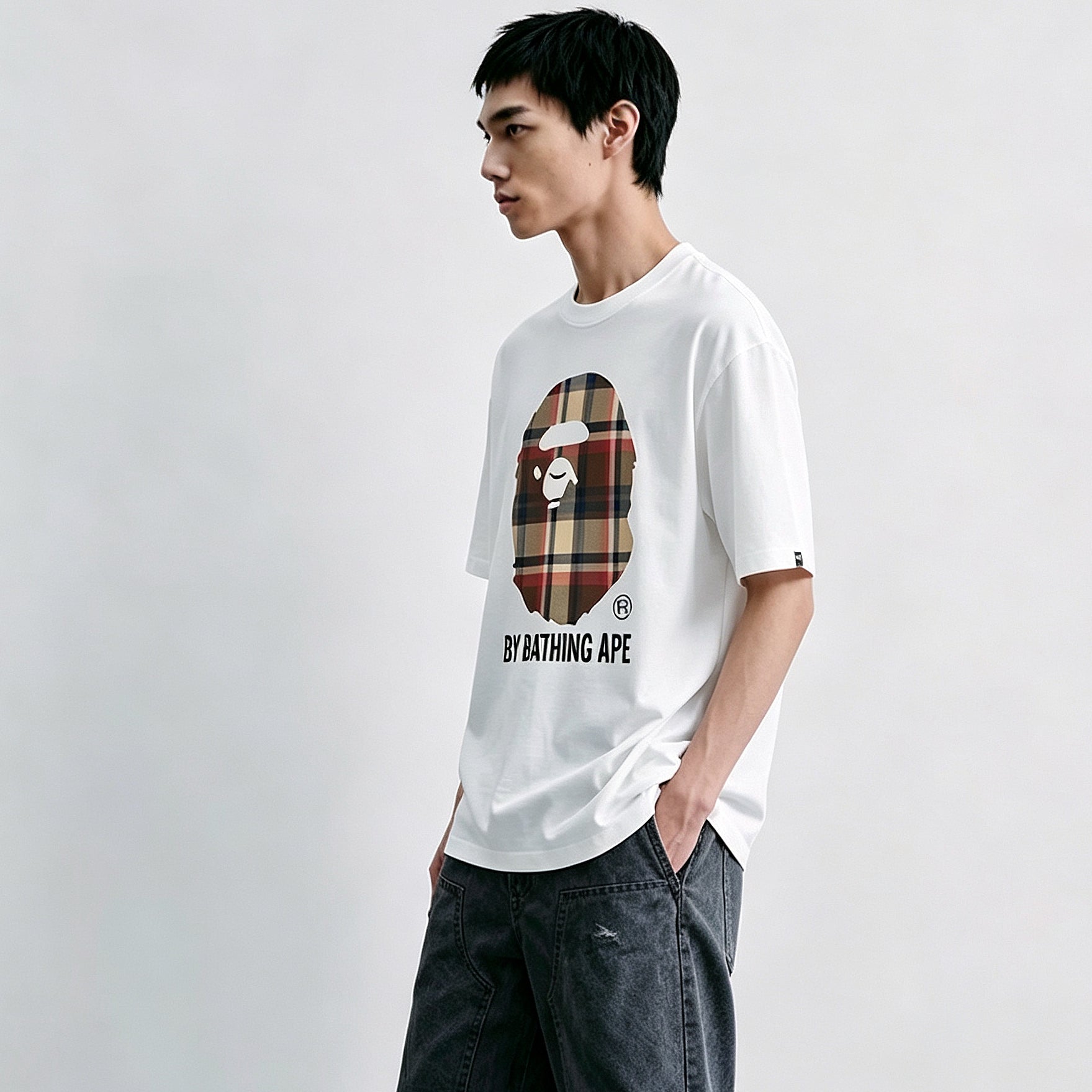BAPE A Bathing Ape Check T-Shirt White Beige