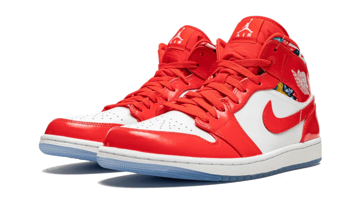 Air Jordan 1 Mid Barcelona Sweater Red Patent, Chile Red/White/Pollen (DC7294-600 / DC7248-600)