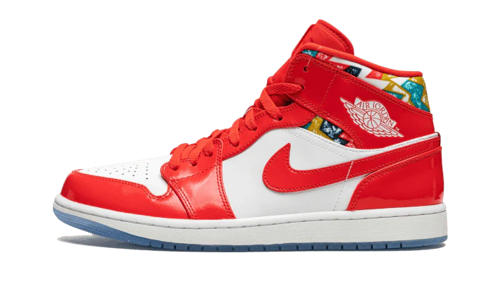 Air Jordan 1 Mid Barcelona Sweater Red Patent, Chile Red/White/Pollen (DC7294-600 / DC7248-600)