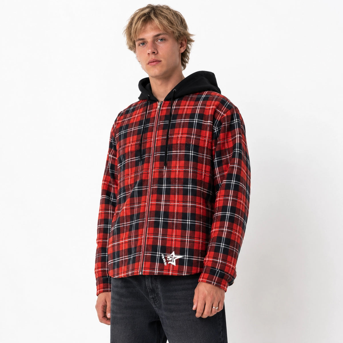 Sp5der Hooded Zip Flannel Shirt Jacket Red Plaid