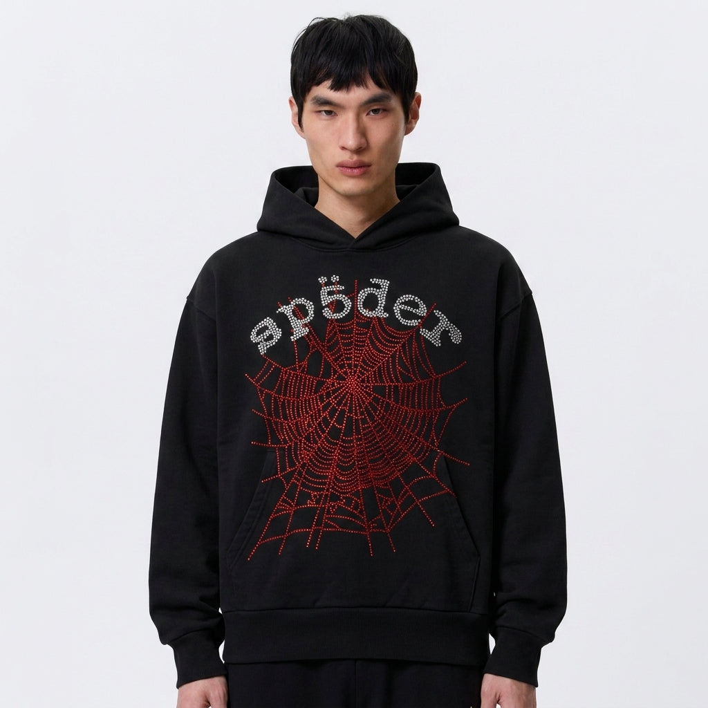 Sp5der Rhinestone OG Web V2 Hoodie Black